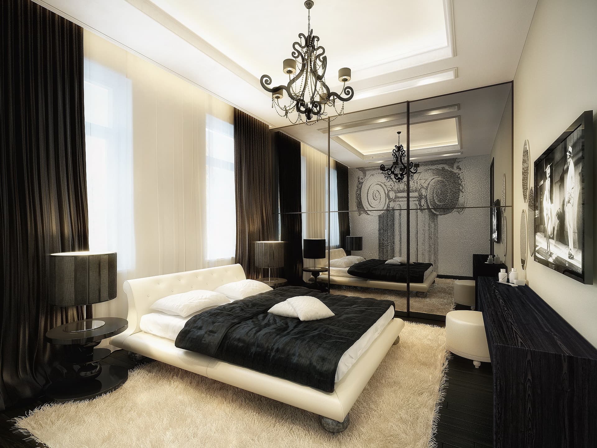 Premium hotel bedroom interior with chandelier, mirrored wall, and warm neutral palette
